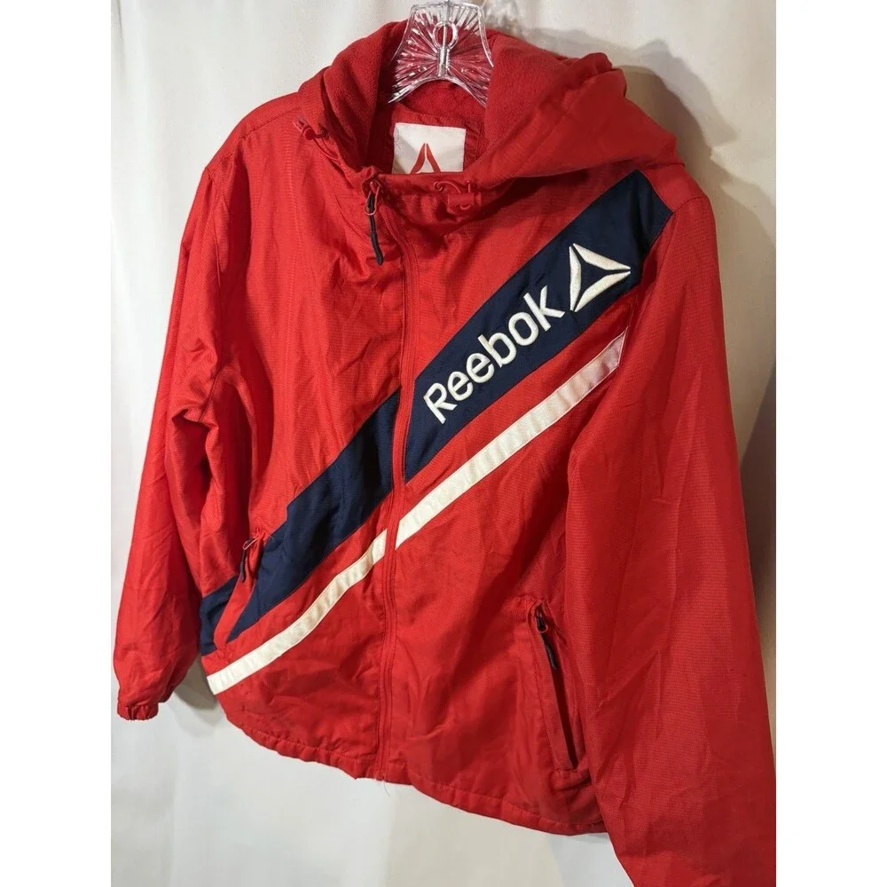 Reebok Retro Jacket Men's MediumNeon Red Hood Fleece Lined Windbreaker Full Zip